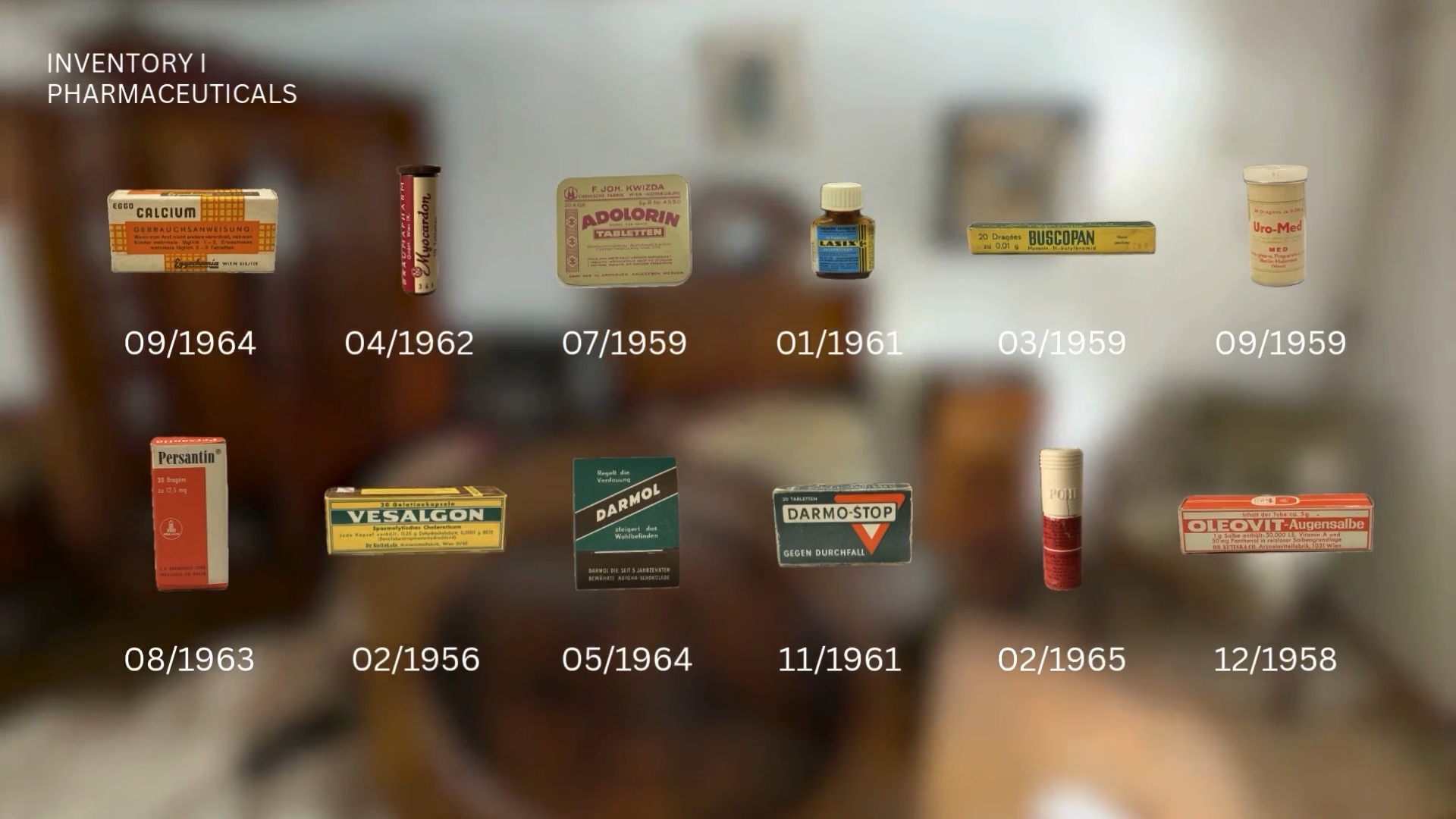 Twelve pharmaceutical products from an abandoned house, arranged in a grid