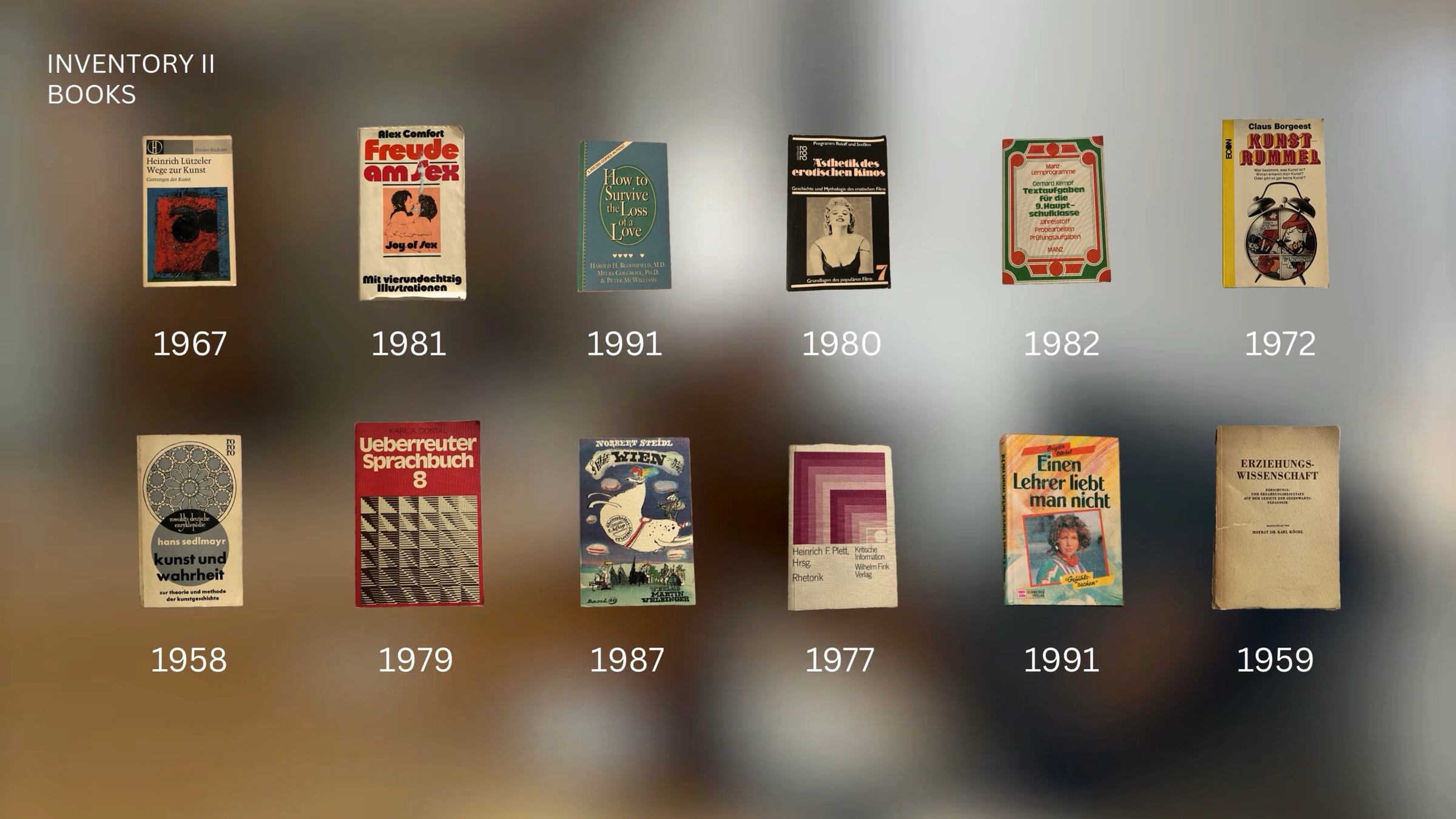 Twelve old books from an abandoned house, arranged in a grid