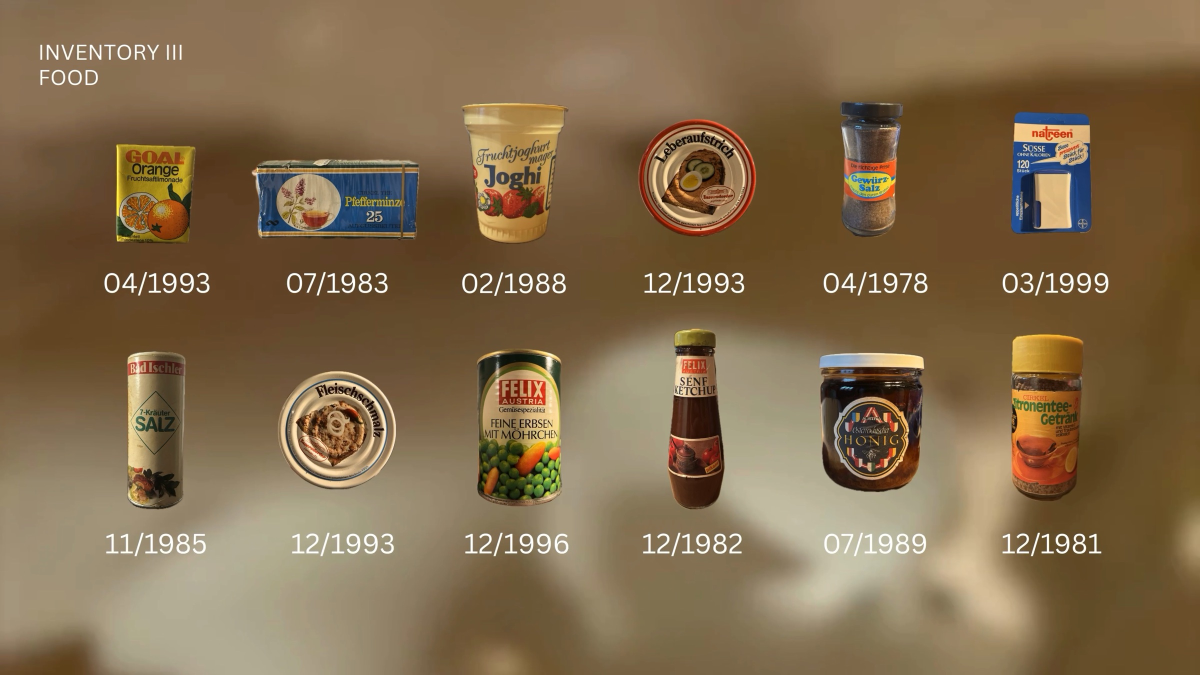 Twelve grocery items from an abandoned house, arranged in a grid