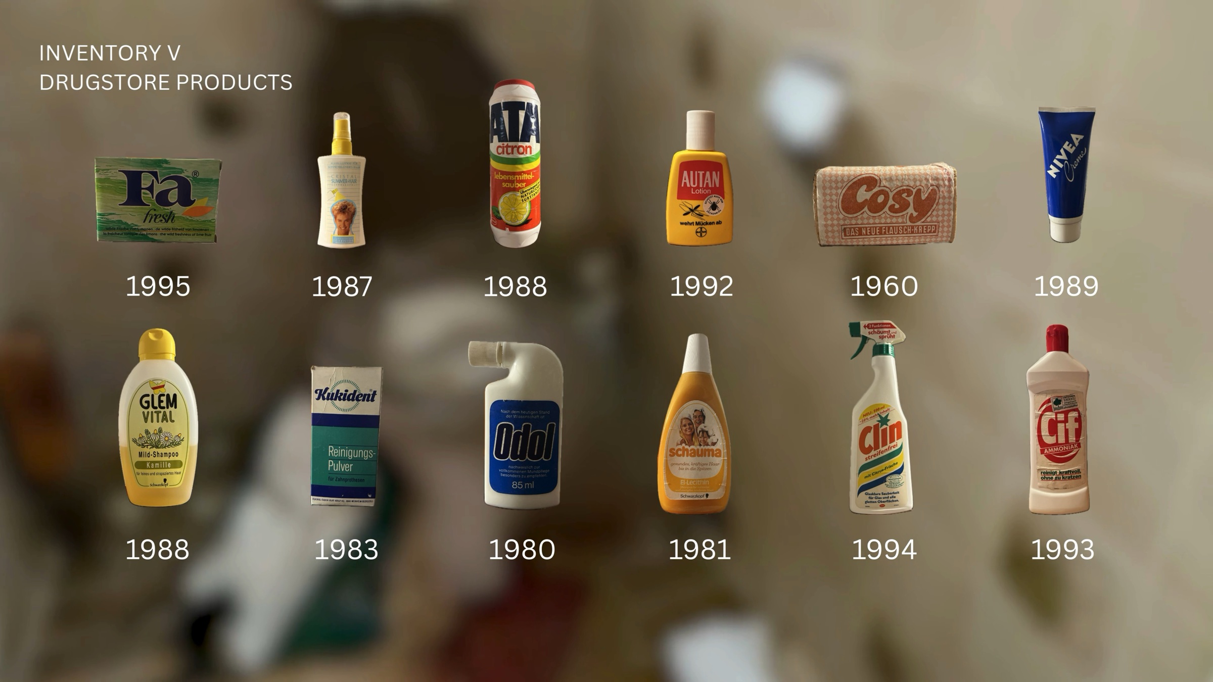 Twelve drugstore products from an abandoned house, arranged in a grid