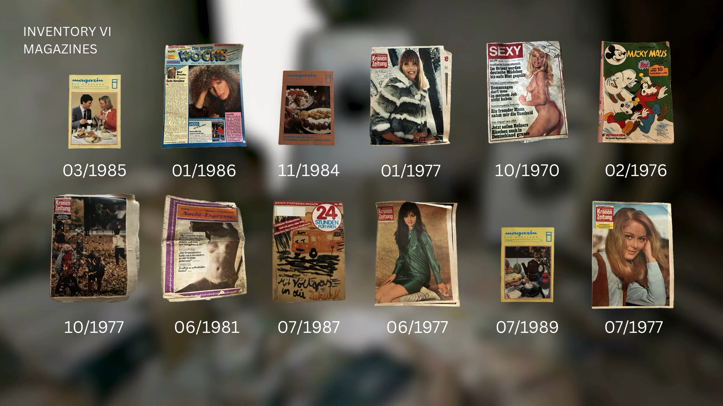 Twelve magazines from an abandoned house, arranged in a grid