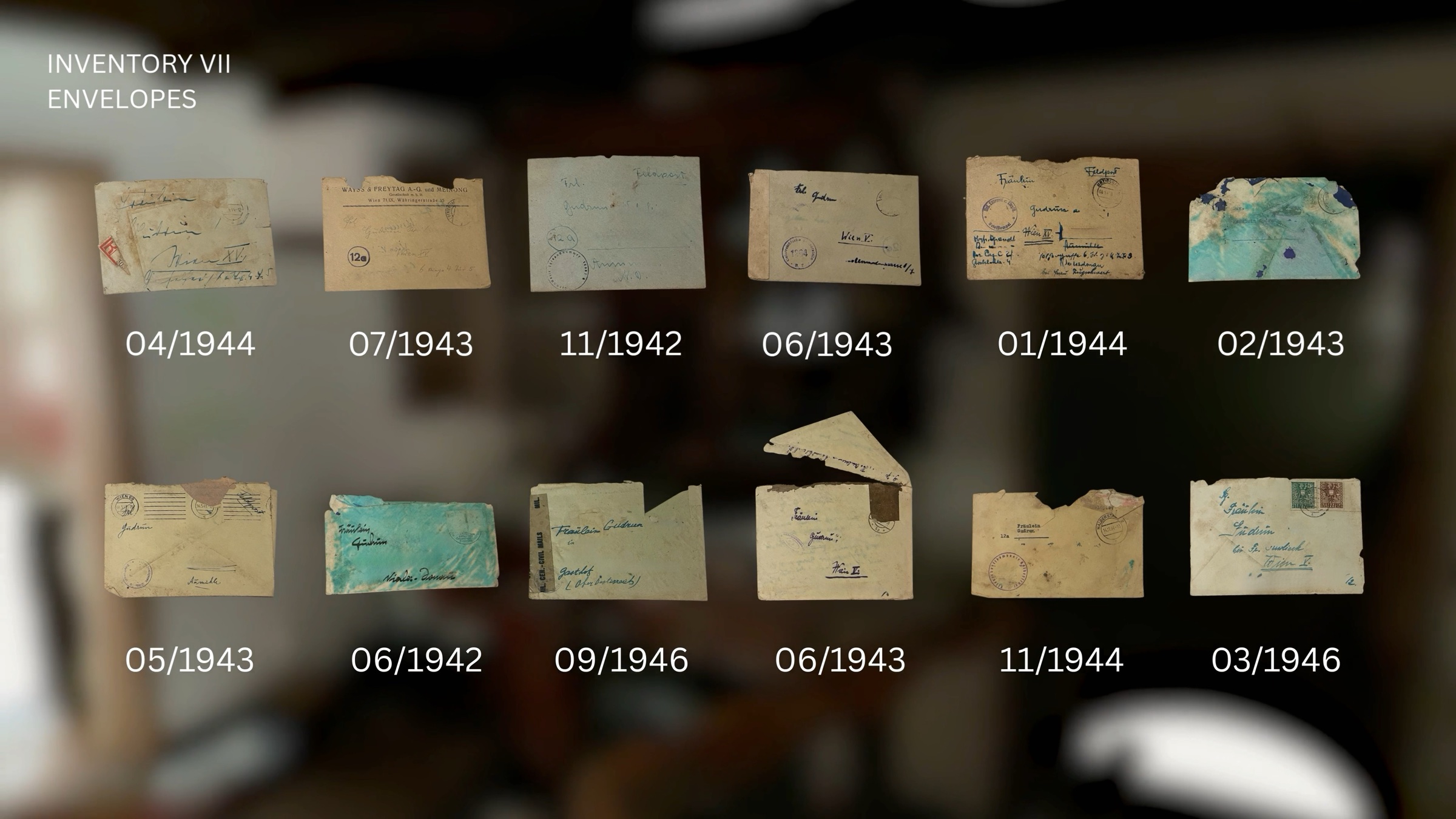 Inventory VII: twelve World War II era envelopes, arranged in a grid