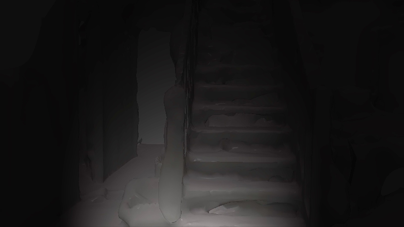 Video still: a staircase in a 3D scan, lit by a flashlight